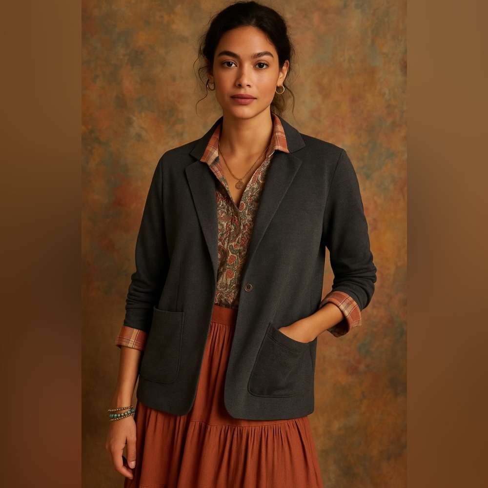 Anthropologie Dark Gray Cotton Textured Single Breast One Button Blazer Size M